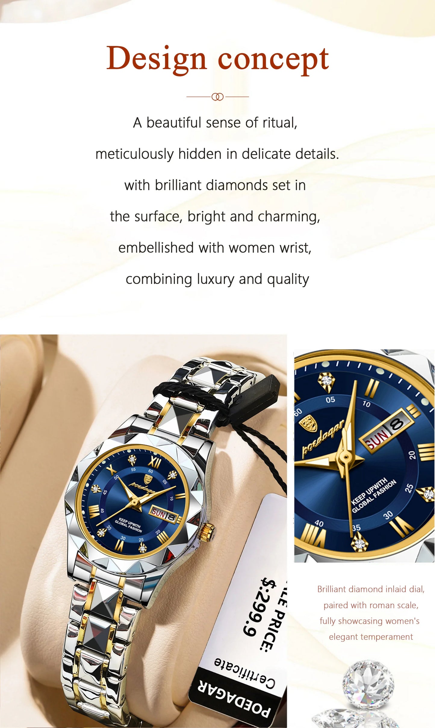 POEDAGAR Luxuriöse Damen-Kleideruhr, leuchtend, wasserdicht, Wochen- und Datumsanzeige, Damenarmbanduhr, Edelstahl-Damenquarzuhr reloj+box