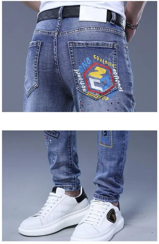Fashion Printed Jeans Men's Korean Brand Embroidery Badge Pattern Youth Ripped Small Feet Teenagers Cowboy Pencil Pants