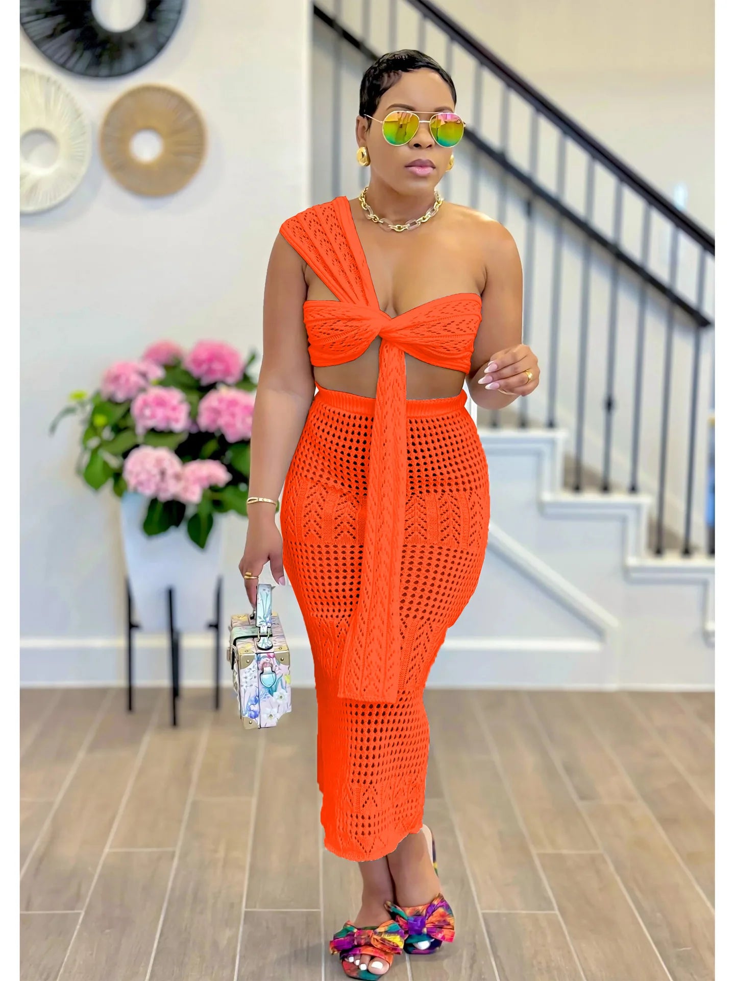 CM.YAYA Crochet Knitted Women's Sets Sleeveless Tops+ Skirts Suits 2024 Summer Two 2 Piece Set Outfit Beach Holiday Tracksuit
