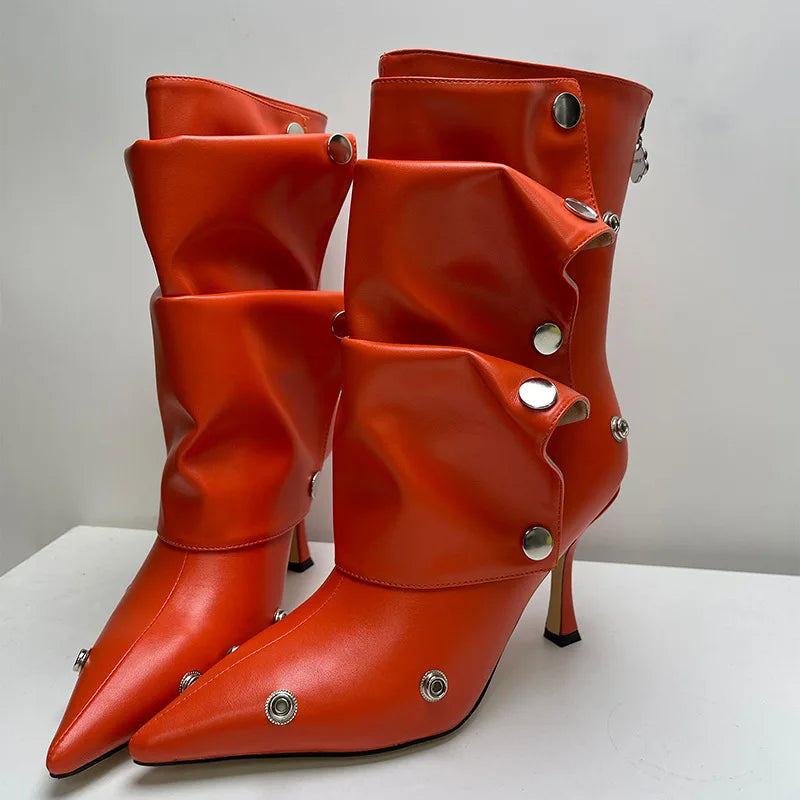 2025 Klassische Damenstiefel mit spitzer Zehe, ausgefallenen Absätzen, Nietenknopf und seitlichem Reißverschluss, einfarbig, hochhackige Schuhe, Botas Altas