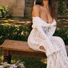 Mozision Blumen-Spitzen-Off-Shoulder Maxikleid für Damen, weiß, trägerlos, rückenfrei, langärmlig, Bodycon, Club, Party, sexy langes Kleid