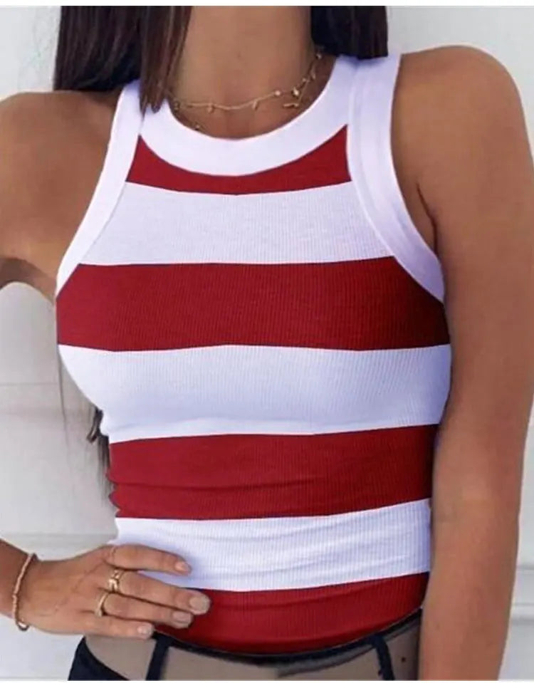 Summer Basic Elastic Tank Top Digital Printing T-shirt Women's O Neck Racerback Sexy Tank Top Stripe Print Sleeveless Tank Top