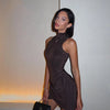 Mozision Turtleneck Sleeveless Sexy Mini Dress For Women Fashion Irregular Ruched Tank Dress Femme Elegant Club Party Dress