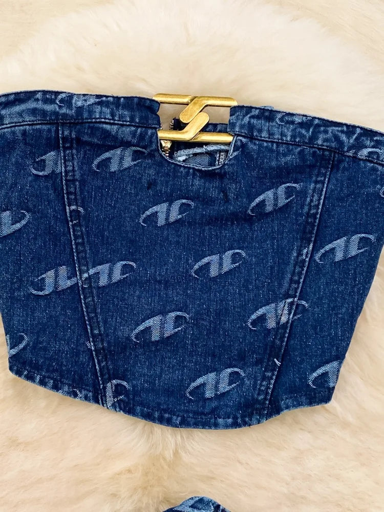 Zweiteiliges Set Damen Ärmellose Bandeau-Tops Sexy Crop-Shirt Knopf-Hosen-Sets Gerade Hosen Taschen Lässige passende Sets