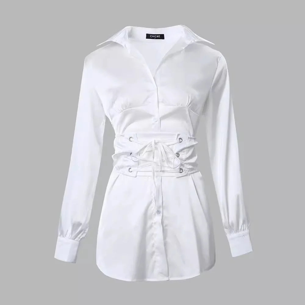 Damenbekleidung Mode Einfarbig Weiß Schnürkleid Langarm Sommer Minikleid Sexy