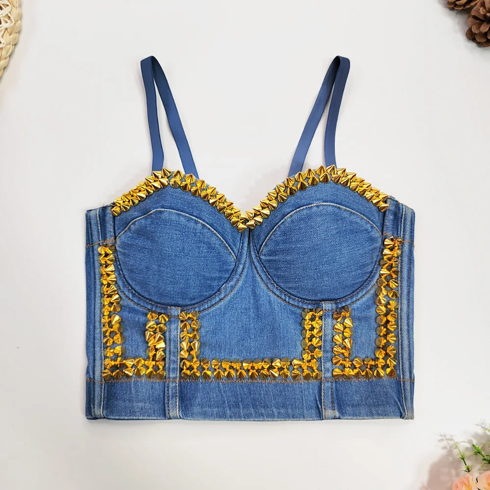 Irene Tinnie Sexy Cute Loch Cartoon Dekoration Push Up Bustier Damen Jeans Bralette Cropped Top Weste Große Größe