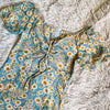 Damen Minikleider Sommer Mode Damenkleider Bedruckte Chiffonkleider mit Blumenmuster, gerafft, plissiert, kurze Puffärmel, Freizeitkleid
