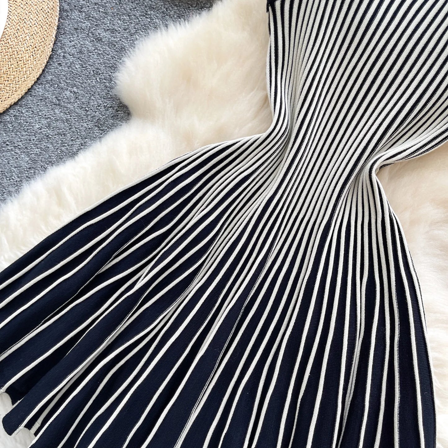 Joskaa 2026 Autumn Retro Striped Knit Dress Women Elegant Pleated Waist Slim Low Cut Sleeveless A-line Slip Dress Streetwear