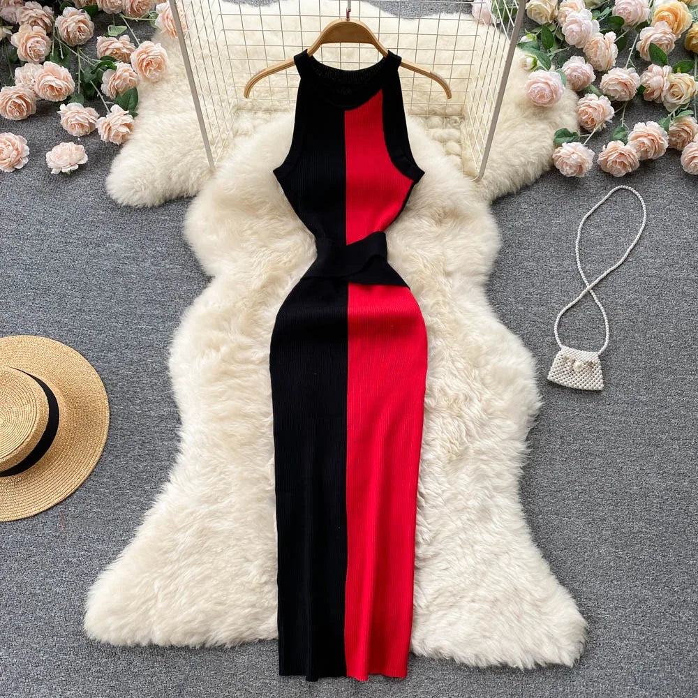 YuooMuoo Women Dress 2025 Summer Elegant Rib Knit Slim Waist Bandage Pencil Dress Office Lady Sleeveless Bodycon Sweater Dress