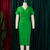 2024 summer new short sleeve V-neck waist solid color Tunle pencil skirt dress