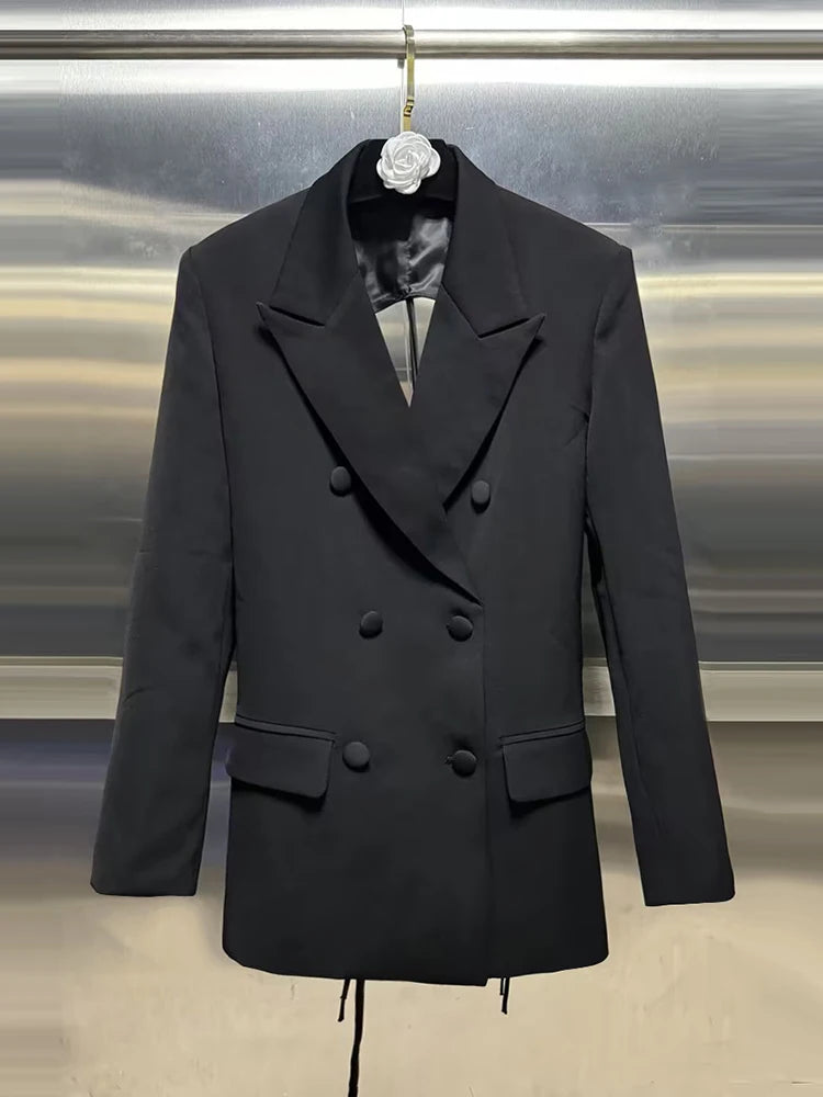 VGH Minimalistische Patchwork-Blazer mit Kordelzug für Damen, Revers, lange Ärmel, rückenfrei, ausgeschnittener Blazer im weiblichen Stil