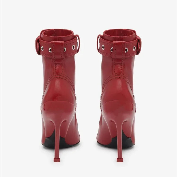 Gürtelschnalle Reißverschluss vorne Modenschau Stiefeletten Damen Herbst Winter Neu Spitz Metallverzierung Rote High Heels Ankle Boots