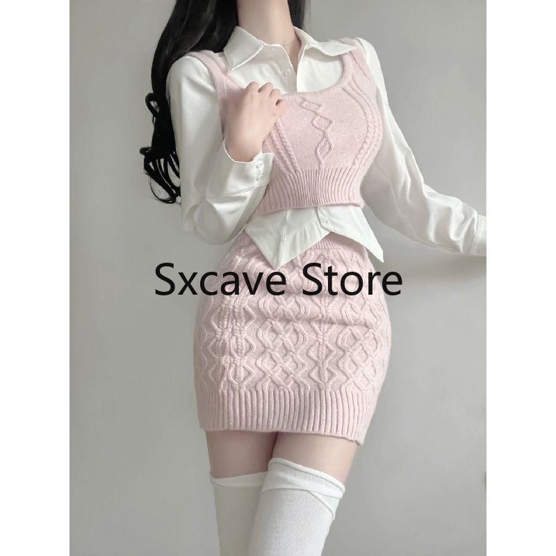 Spring Elegant Vintage Knitted Suits Women Even Party Clothing Korean 3 Piece Dress Set Office Lady Sweater Vest + Mini Skirt