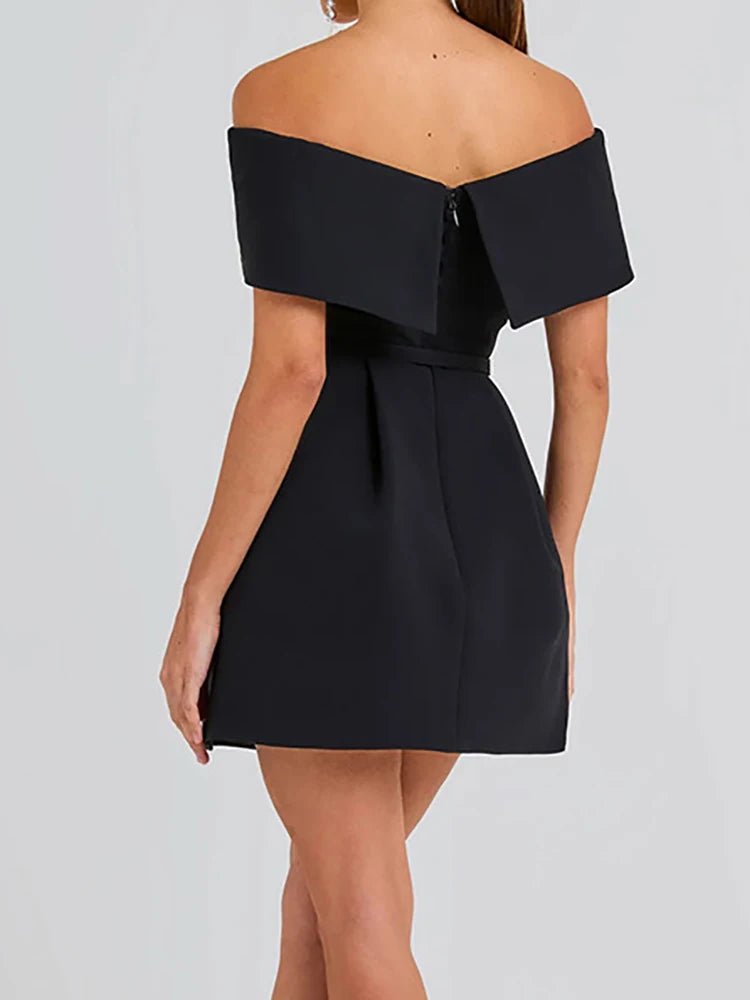 Women Belt Patchwork Short Sleeve Mini Dress, Spring Summer Fashion Slash Neck Party Dress, Solid Off The Shoulder Ladies Dress