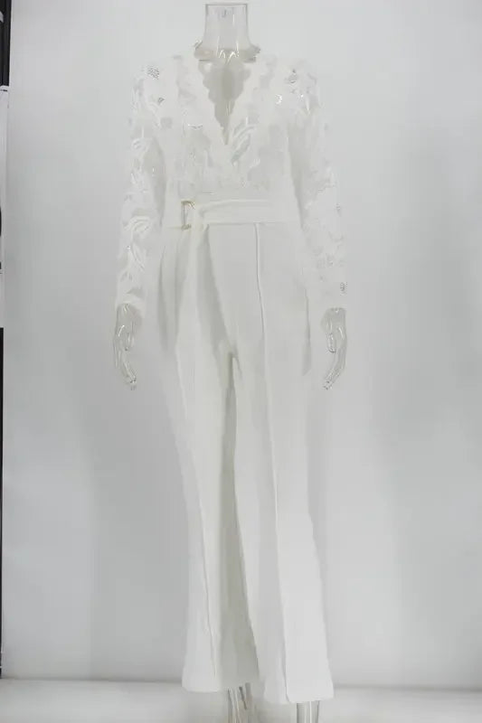 Weißer Overall Damen, elegant, Spitze, lang, Einteiler, hohe Taille, Federn, Y2k, sexy, Hochzeitsfeier, Abend, Jumpsuit
