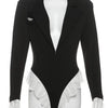 Joskaa Damen Spitze Patchwork Schwarzer Blazer Bodysuit Sexy Tiefer V-Ausschnitt Langarm Einteiler Romper Coquette Midnight Clubwear