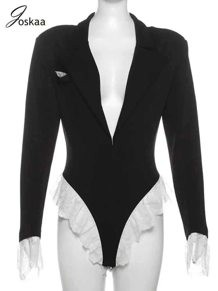Joskaa Damen Spitze Patchwork Schwarzer Blazer Bodysuit Sexy Tiefer V-Ausschnitt Langarm Einteiler Romper Coquette Midnight Clubwear