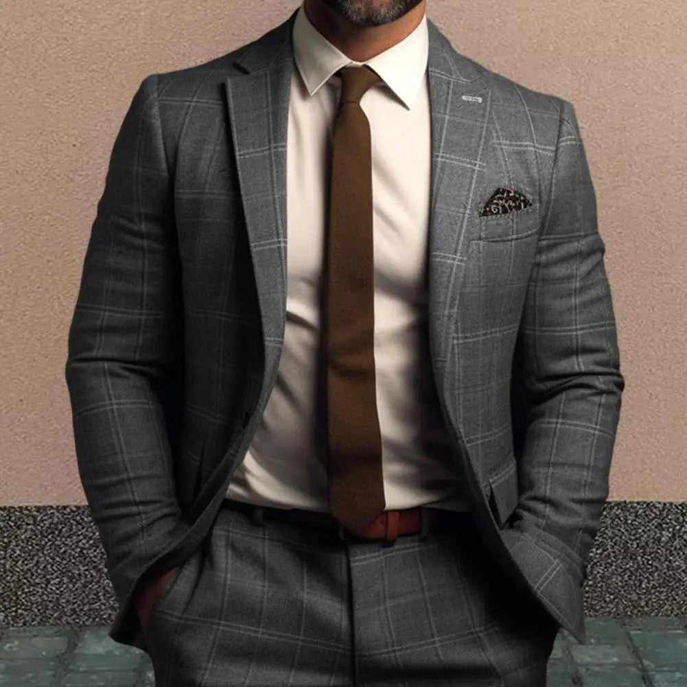 Men Suit Coat Formal Business Style Slim Fit Plaid Print Long Sleeve Single Button Closure Mid Length Straight Cardigan Work Coa