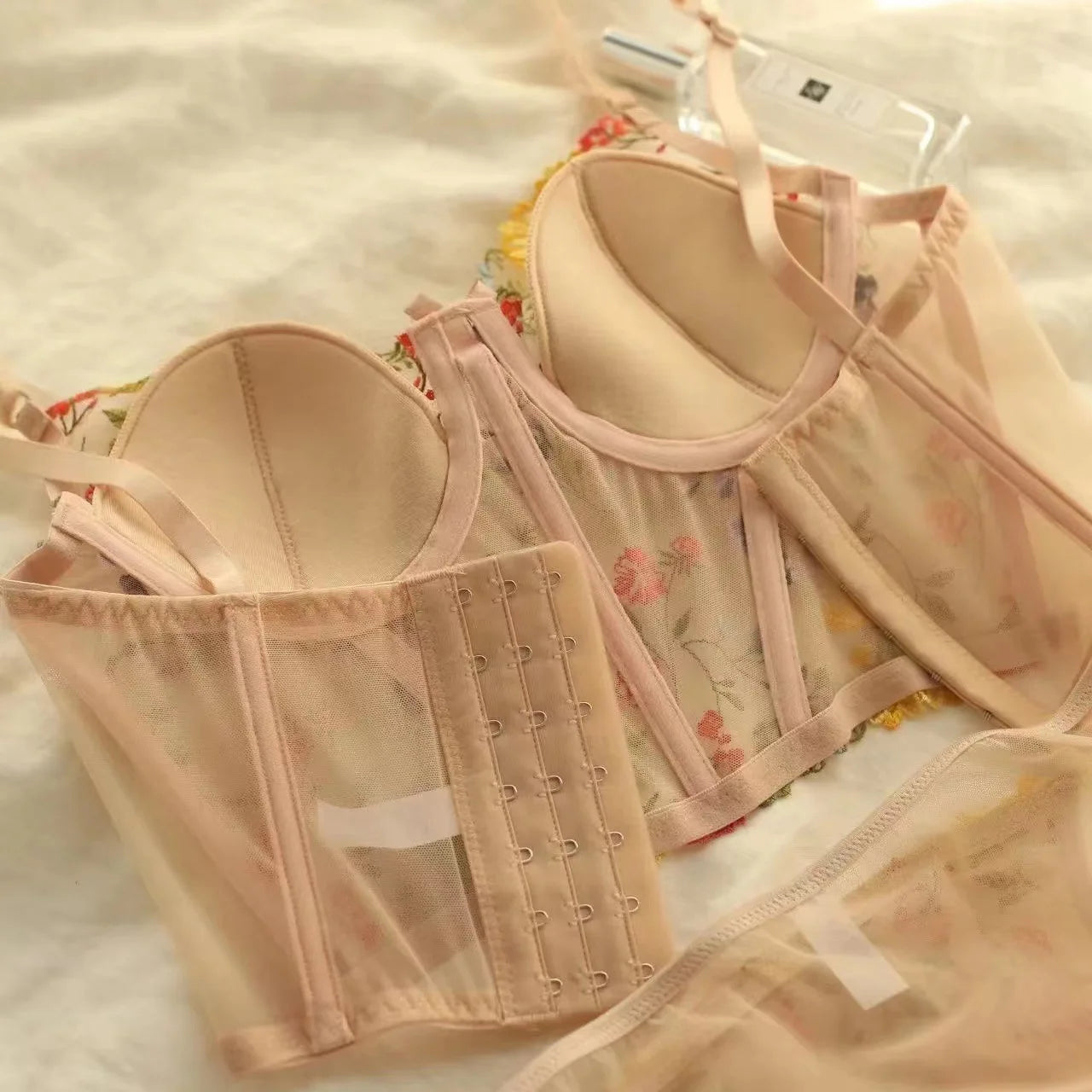 French Ladies Transparent Mesh Corset Sexy Shaper Thin Bra Set Night Club Sweet Cropped Top Girls Hot Bra and Panties Bralette