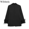 Willshela Damenmode Satin Schwarz mit Feder Blazer Jacke Vintage Kerbausschnitt Einreiher Lange Ärmel Damen Outfits