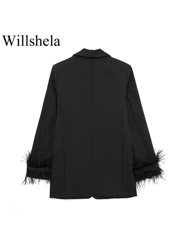 Willshela Damenmode Satin Schwarz mit Feder Blazer Jacke Vintage Kerbausschnitt Einreiher Lange Ärmel Damen Outfits