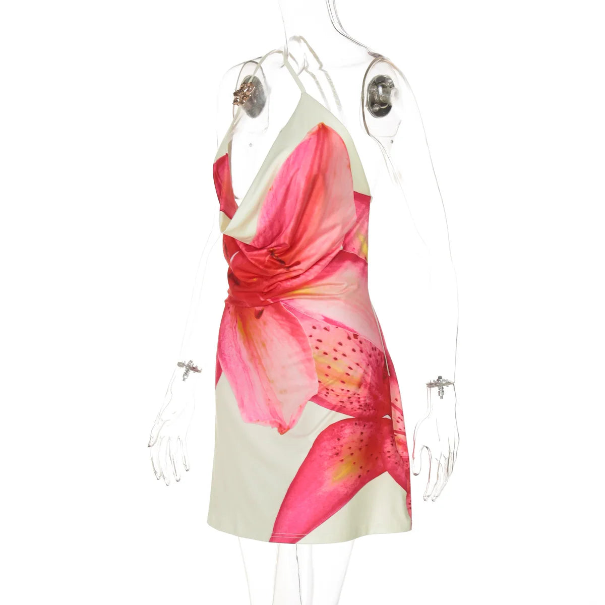 TARUXY Asymmetrisches, sexy bedrucktes Kleid, drapiert, Schwingkragen, Strandurlaub, Minikleid, elegant, ärmellos, Damen, hohe Taille