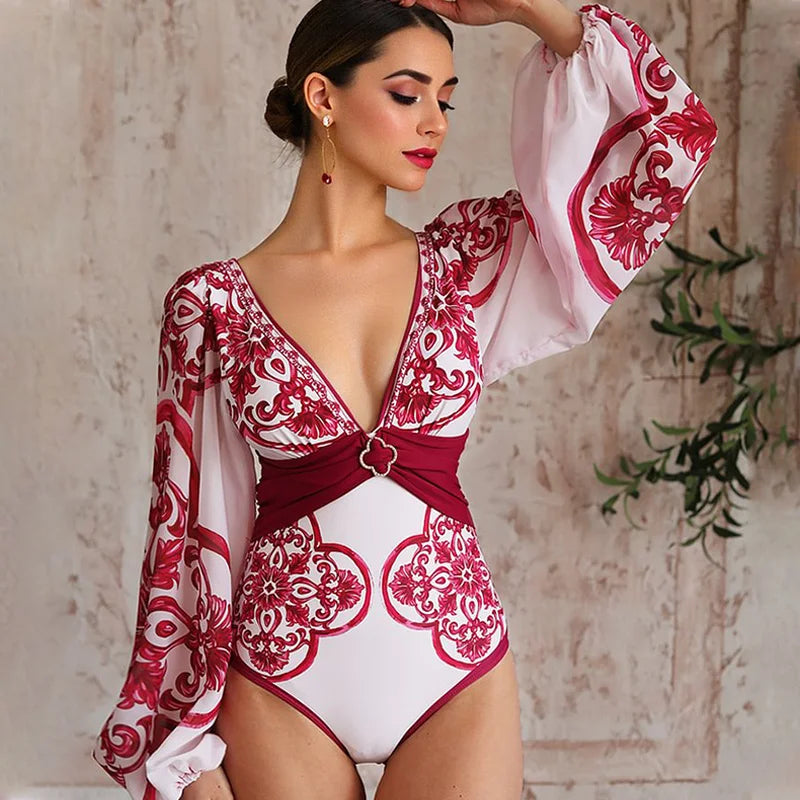 Flaxmaker Long Sleeves Majolica Series Pattern Print One Piece Swimsuit Biquini Beachwear Women Sexy Bikini Sets Swimsuit