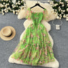 Elegant Slash Neck Vintage Short Puff Sleeve Chic Print Slim Chiffon Dresses French High Street Evening Autumn Mesh Clothing