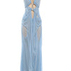 Beyprern Sexy Rhinestone Chain Halter Backless Maxi Dress Women 2026 Summer Cut Out Ruched Club Vestidos Bodycon Long Dresses