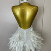 Women Luxury Rhinestones Pearls Feathers Halter Backless Short Dress Women Sexy Celebrate Birthday Dress Nightclub Stage Costume