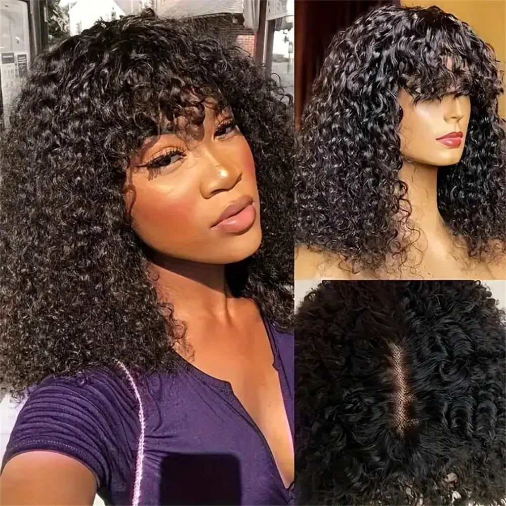 Kinky Curly Short Bob Wig mit Pony Echthaar Glatt Pony Bob Perücke Klebstofflose Minimalistische 2x1 Lace Scalp Bob Pony Perücke für Frauen