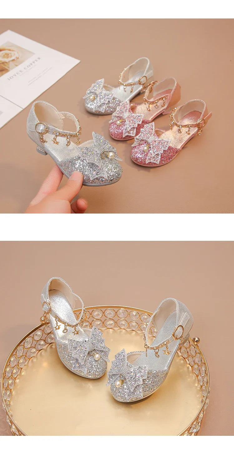 Girls Leather Shoes High Heeled for Wedding Party Glitter Rhinestone with Bow-knot Kids Dress High Heels Pendant Bling Sparkling