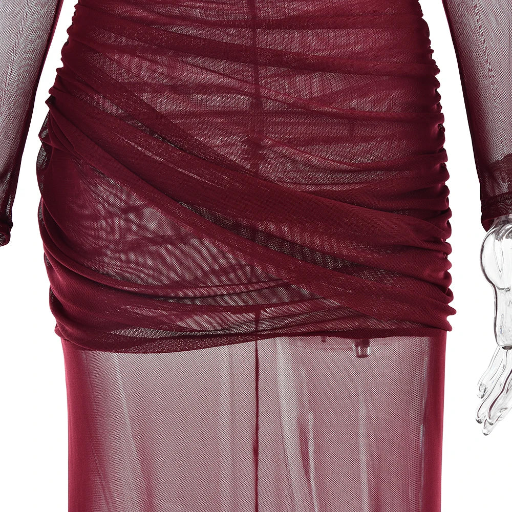 Articat Elegantes Mesh-Patchwork Langarm-Bodycon Party Club Abendkleid Sexy Doppellagiges Perspektivkleid Herbstkleidung