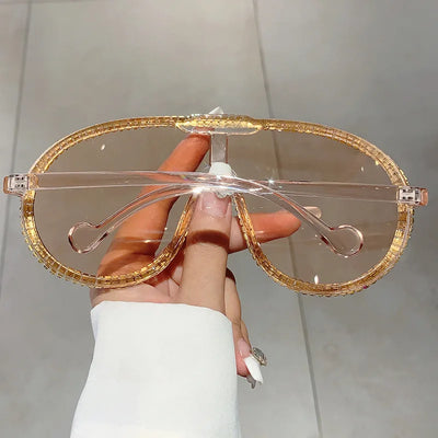 Übergroße Piloten-Sonnenbrillen für Damen, Luxus-Marken-Designer-Sonnenbrillen, Vintage, großer Rahmen, einteilige Diamant-Kristall-Brille