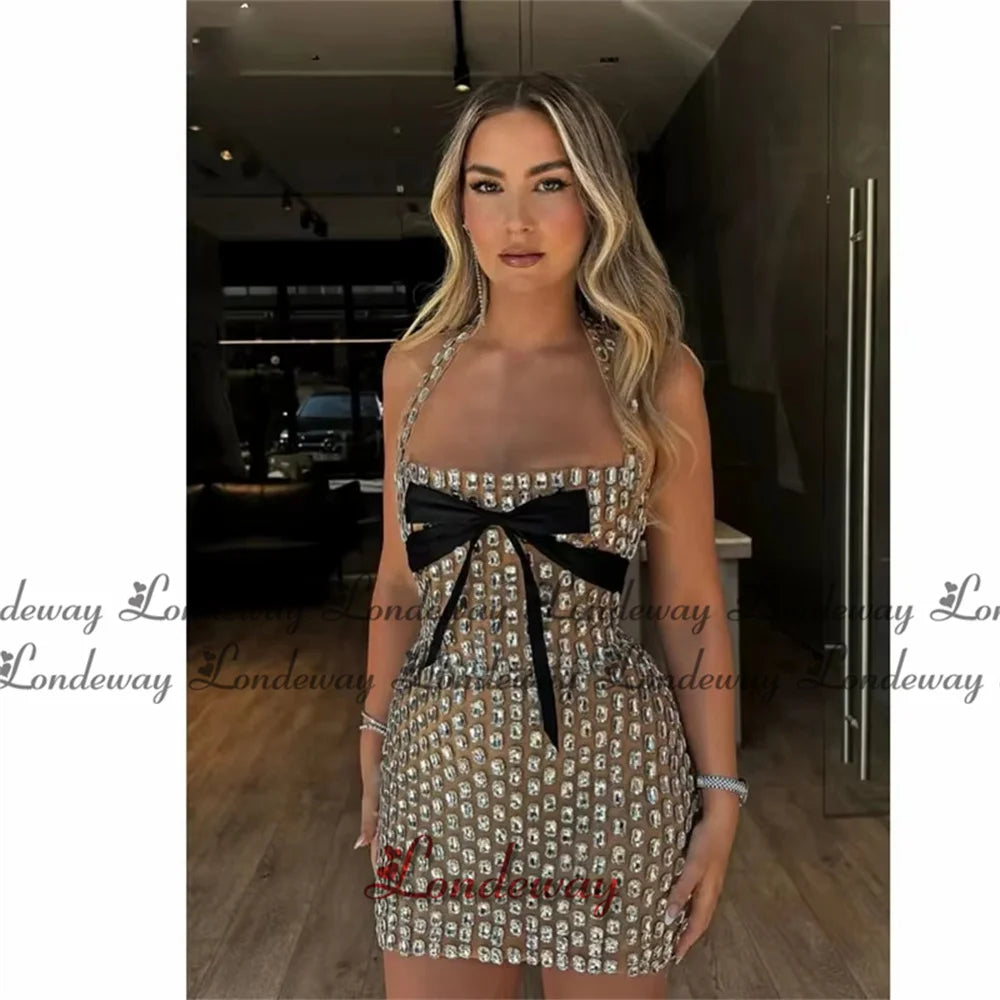 Londeway Luxury Halter Homecoming Dress Bowknot Rhinestones Mini Dubai Ceremony Party Vestidos De Fiesta Cocktail Customized