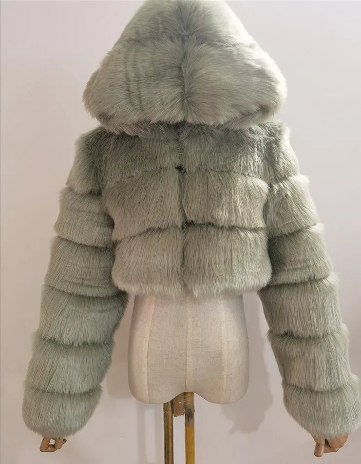 Women Warm Faux Fur Coat Winter Vintage Gradient Jacket Furry Outerwear Jackets Hooded Coats Plus Size Autumn Winter Streetwear