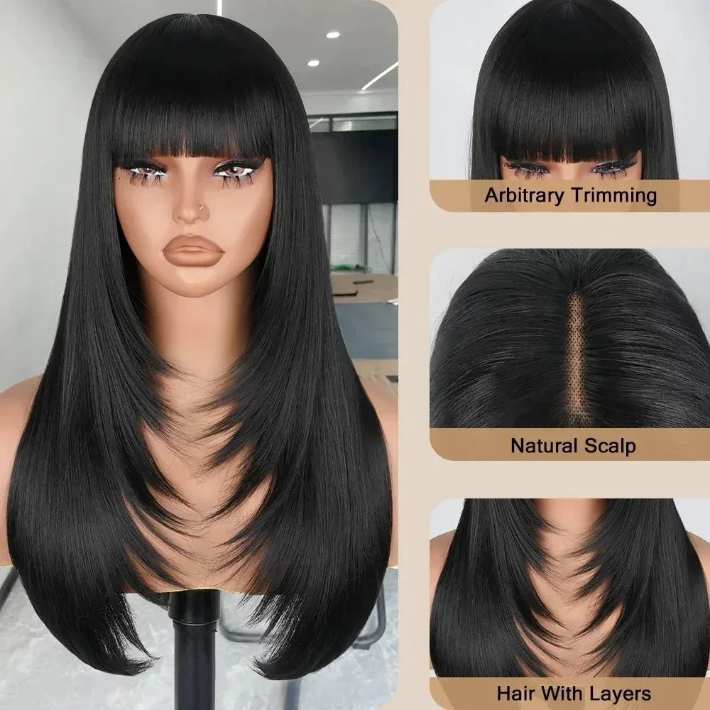 99J Burgundy Red Layered Lace Front Wig With Bangs Bone Straight Synthetic Lace Frontal Wigs 13x4 HD Glueless PrePlucked Cosplay