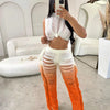 Gradient Color Crochet Two Piece Set for Women Summer Beach Crop Top and Wide Leg Pants Tassel Hollow Out Hole Vacation Outfits