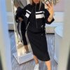 Women's Fashion Color-blocked White Striped Hip-covering Sweatshirt Dress 2piece Set Female Casual Zipper Jacket Coat Dress Suit