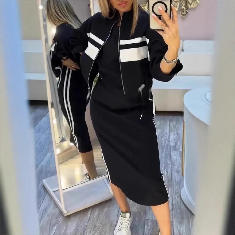 Women's Fashion Color-blocked White Striped Hip-covering Sweatshirt Dress 2piece Set Female Casual Zipper Jacket Coat Dress Suit