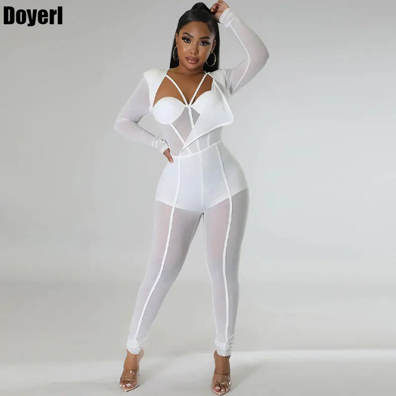Sexy Mesh Patchwork Transparenter Club-Bodycon-Jumpsuit für Damen, durchsichtiger Einteiler-Overall, Clubwear, Party-, Geburtstagsoutfits