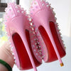 Pink studded high heels, fashionable, ultra shallow mouth, pointed toe, thin heel, hate sky, high punk style, 12CM