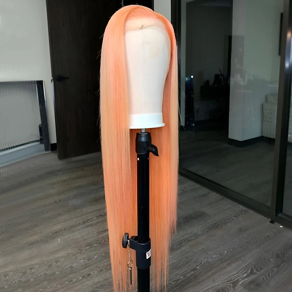 Hellorange Synthetische Lace Front Perücke Lang Glattes Haar Natürlicher Haaransatz Klebelose Perücken für Damen Alltag Cosplay Orange Perücken