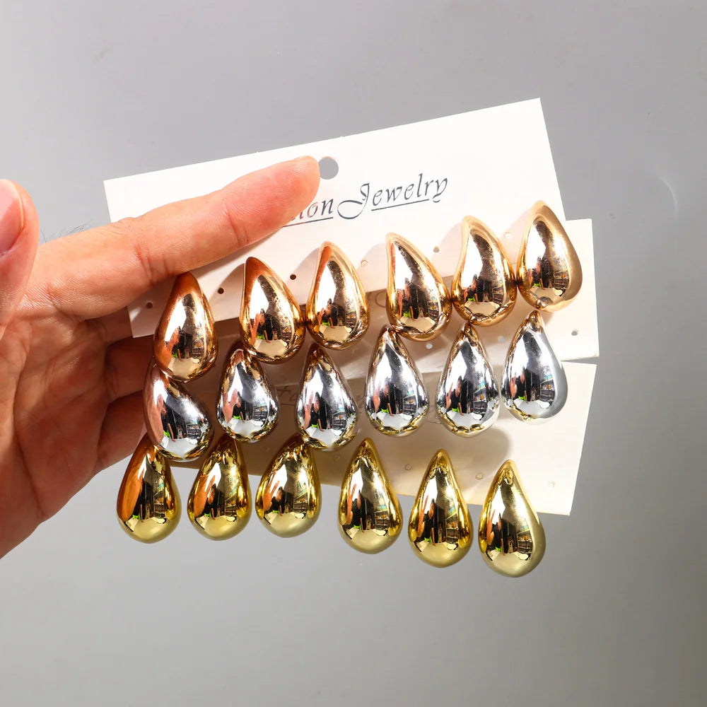 3 Pair/Set Chunky Gold Plated Waterdrop Hoop Earrings for Women Smooth Multicolour Acrylic Tear Drop Earring Lightweight Jewelry