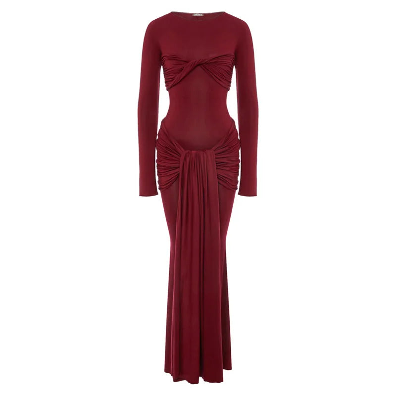 Tossy Damen Plissee Sexy Maxikleid Patchwork Twist Slim Langarm Einfarbig Y2k Herbst Streetwear Kleid Damen Bodycon Kleid