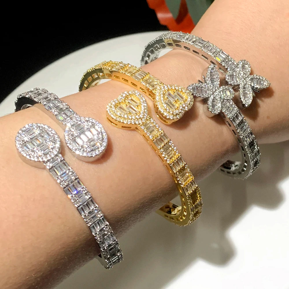 New Iced Out Bling Butterfly Heart Bracelet Silver Color CZ  Zircon Oval Charm Opened Bangle For Men Women Hiphop Luxury Jewelry