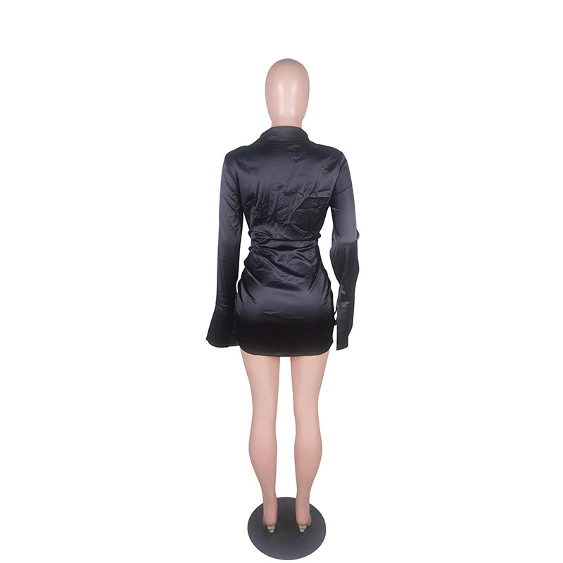 2023 Elastic Elegant Single Breasted Dress Retro Lapel Satin Tight-fitting High Waist Wrap Hips Ruched Short Dress Sexy Clubwear