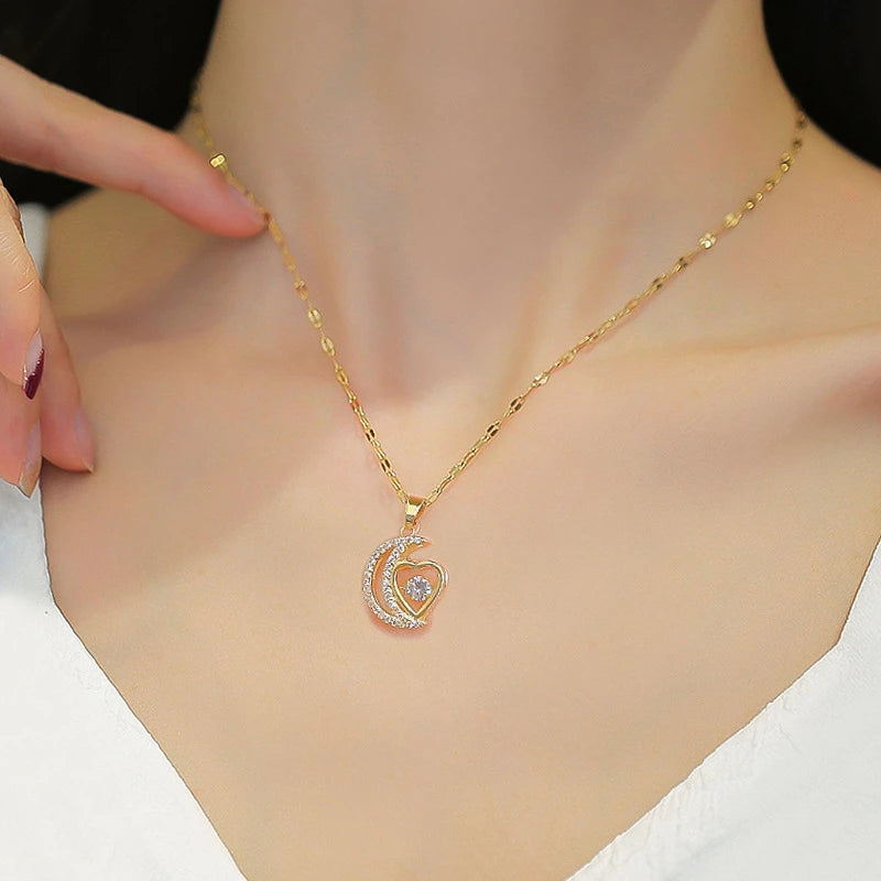 Stainless Steel Zircon Planet Star Pendant Necklace For Women Elegant Aesthetic Clavicle Chain Necklace Jewelry Party Gift
