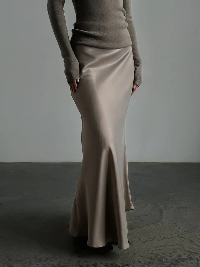 Wolfeel Freizeit Satin Damenrock Frühling Sommer Mode Locker Hoher Bund Maxi Röcke Elegant Einfacher Satin-Fischschwanzrock
