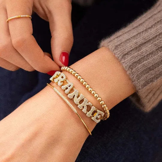 DOREMI Fat Bubble Slide Armband mit Initialen, voll mit Kristallbuchstaben, Damen-Namen, DIY-Schiebebuchstaben-Armbänder